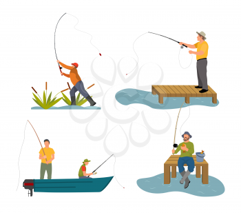 Fishery rod in mans hand. People in boat floating catching fish. Sport and hobby of males, dock by lake or river set isolated on vector illustration