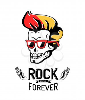 Rock forever isolated on bright backdrop poster, colorful vector illustration of male skull with pretty hairstyle and modern sunglasses, wings pair