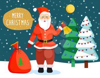 Merry christmas celebration vector, santa claus wearing traditional clothes holding bell. Saint Nicholas with bag loaded with presents. Night winter landscape with moon and pine tree with garlands