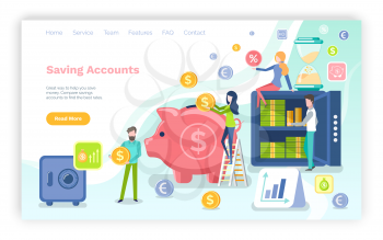 Saving accounts vector, strongbox with sum currency and cash American dollars in box, pig with gold coins and people investing capital assets. Website or webpage template, landing page flat style