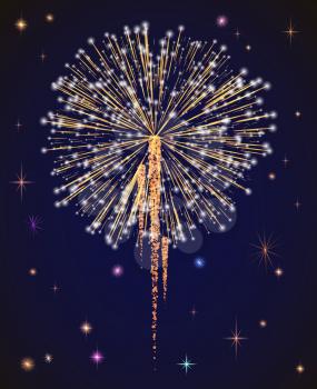Firework sparkling with lights, fireworks on night or evening sky. Explosion for festival, festive moods. New Year celebration holidays. Bright and shiny decoration. Vector sparkle and glittering ray