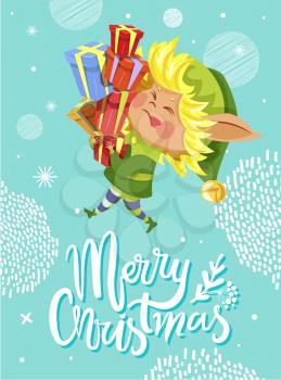 Merry christmas greeting card for winter holidays greeting. Elf carrying presents for celebration of new year. Calligraphic inscription and bokeh effect. Dwarf with boxes and ribbons, vector