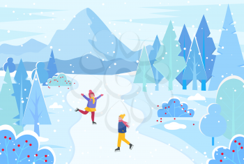 People skating on winter landscape with snowy trees. Man and woman in skates waking near mountain and fir-tree with snowfalling weather outdoor. Friends have active day near spruce and hill vector