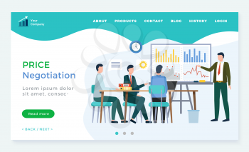 Price negotiation business with China online. Businessman negotiating on conference and presentation report. Male employees meeting and discussing chart success. Website or webpage template vector