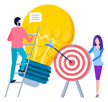 Man climbing on ladder at lamp, new idea symbol. Vector cartoon style woman with arrow in target, achievement of goals concept, business cartoon people
