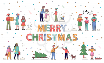 Merry christmas winter season holiday preparation and celebration vector. People with pine tree, woman decorating fir, family singing carols with notes. Dad and son sculpting snowman flat style