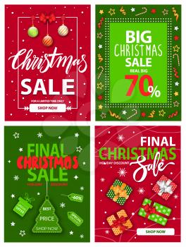 Christmas sale and discounts on winter holidays vector. Promotional banners and posters with decorative elements and symbols of New year. Proposals in shop, advertisements in stores shopping
