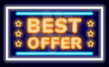Neon sign of best offer of shop vector. Discount with stars and rating, glowing frame and font. Premium products buying at online store. Cyber monday clearance on market flat style illustration