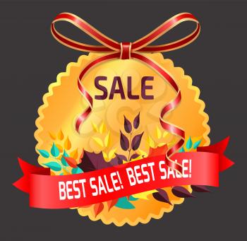 Best sale in shops, offer for shopping. Golden round shaped label with promotion caption. Shiny bow and tape for decor. Floral pattern with leaves on advertising tag. Vector illustration in flat style