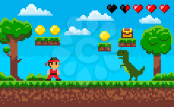 Duel of ninja and dragon characters on ground, green trees and grass, steps with coins and box, heart icon, screen of pixel game, adventure and war vector