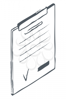 Sketch drawing of clipboard with blank or notes. Thin and rigid board with clip at top for holding paper in place. Office stationery, pad isolated on white background. Vector illustration in minimal
