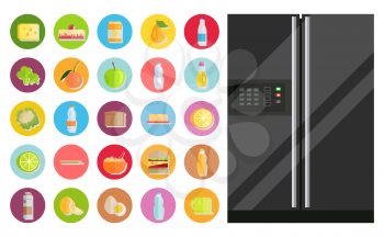 Fridge with temperature controlling panel and set of food isolated icons. Cheese and diary products, food preservation. Refrigerator with broccoli and pear, cake and bread. Freezer device vector