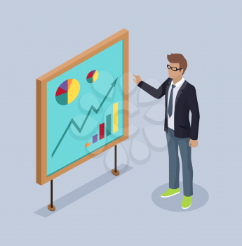 Presenter man showing diagrams pointing on increasing arrow on whiteboard. Business seminar teaching employees by boss isolated on vector illustration
