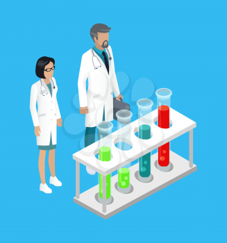 Medical workers in laboratory doing researches with help of test tubes. Man and woman scientists doctors with briefcase analyzing substances vector