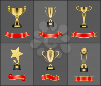 Prizes and trophies icons set.Winners awards in different forms. Cups with handle star and globe on pedestal rewards with red banners ribbons vector