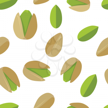 Pistachios seamless pattern vector in flat design. Traditional snack. Healthy food. Nut ornament for wallpapers, polygraphy, textiles, web page design, surface textures. Isolated on white background.
