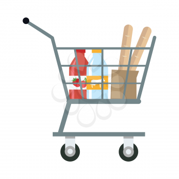 Shopping cart with different products in flat. Shopping cart with various groceries. Supermarket cart with milk, yogurt and bread. Side view. Isolated vector illustration on white background.
