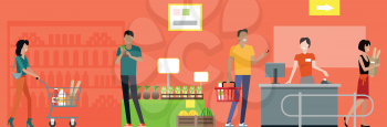 Shopping in supermarket vector. Flat style design. Buyers and store employees in grocery store interior. Cashier serves buyers on counter desk equipment. Fast and comfortable purchases illustrating.