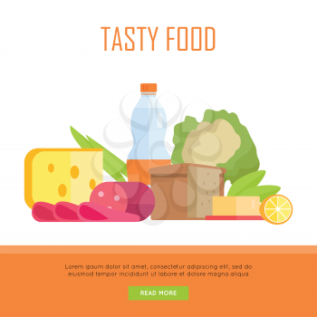 Tasty food concept web banner. Vector in flat design. Illustration of various food Cheese, sausage, bread, water, fruits and vegetables on white background for cafe, stores, farm web pages design.