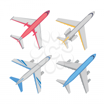 Passenger aircraft top view icons. Color jet airliners flat style vector illustration isolated on white background. Modern civil airplane models for transport concepts, app pictogram, logo, web design