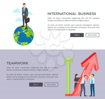 International business and teamwork, man dressed in suit with globe and people with big red arrow, growing up web vector illustration
