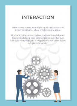 Interaction representation with two coworkers working together on mechanism. Vector illustration with man and woman on white background in blue frame
