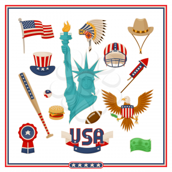 USA country symbols isolated vector illustrations set. Liberty statue, baseball equipment national flag, creative hats, noble eagle and fast food.