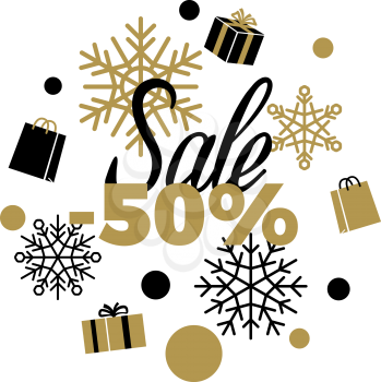 Winter discount 50 Sale sign on white background with black and gold present boxes, shopping bags, different shaped dots and snowflakes. Isolated vector illustration of advertising sale poster.