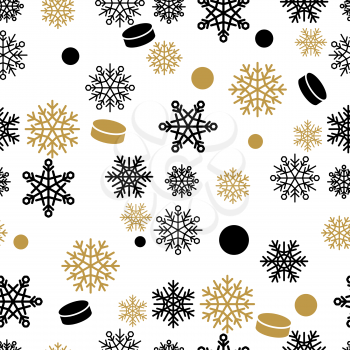 Seamless pattern with gold and black snowflakes and cakes. Winter holiday ornament with fairy snowfall for gift wrapping paper, greeting and invitations cards, printing materials design. 