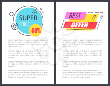 Super price round promo sticker in circle shape 50 half price discount best offer vector illustration isolated labels on white, posters and text