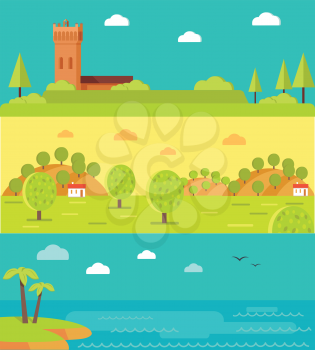 Summer vacation touristic landscapes set. Italian medieval castle tower, spanish farm olive garden, tropical seacoast with palms horizontal vector banners. For travel company, touristic attractions  