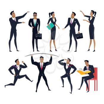 Collection of business personages in flat design. Businessman and businesswoman figures in different poses. Career, learning, competition, power, leadership, presentation concepts. Isolated on white.