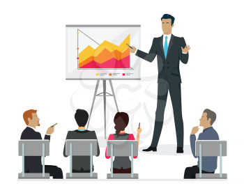 Infographic master class. Training staff briefing presentation. Staff meeting, staffing and corporate or employee training, mentor and people, business seminar, meeting group. Vector illustration