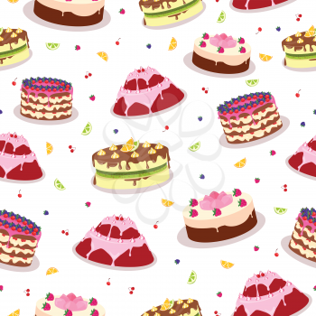 Tasty celebratory cakes seamless pattern. Decorated with colored frosting, fruits, chocolate, cream cakes flat vector illustrations on white background. For greeting card, wrapping paper 
