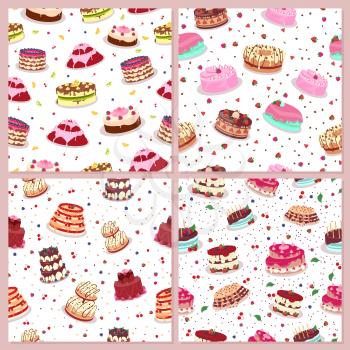 Seamless patterns set with cakes. Decorated cakes with colored frosting, fruits and chocolate. Vector in flat style. Confectionery. Dessert. Pastry shop ad, birthday or wedding greeting cards design