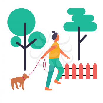 Adult woman walking her little dog on leash isolated vector illustration. Collection of icons of lush green trees and wooden fence on white background