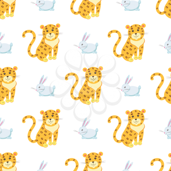 Seamless pattern of jaguar and rabbit vector flat cartoon sticker or icon outlined with dotted line isolated on white. Wild and domestic animals cartoon illustration for prints on fabric, wrapping paper