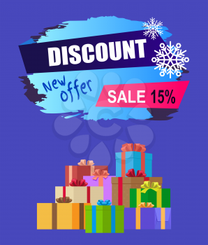New offer discount - 15 winter 2017 sale vector banner with advert label and mountain of gift boxes isolated on blue background, wrapped presents