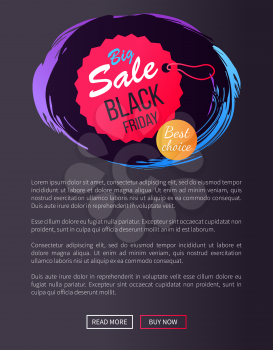Big sale Black Friday round hanging tag, stamp best choice, promo sticker on thread vector illustration isolated on black advertisement label web poster