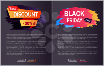 Best discount -30 off black Friday collection of web pages samples with image and text vector illustration isolated on dark background