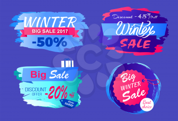 Winter big sale 2017 half price discount -45 only today offer -20 best choice round hanging tags set of seasonal labels vector illustrations on blue