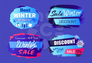 Best winter big sale 2017 price discount -45 today offer -15 best tags set of seasonal labels vector illustrations on blue, snowflakes and presents