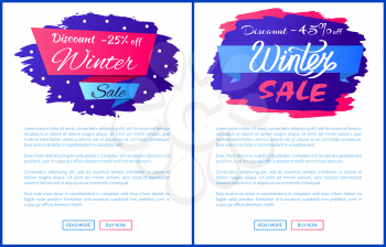 Winter discount clearance colorful signs drawn in shades of blue and decorated with snow and bright doodle. Vector illustration special offer advert