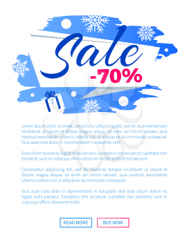 Sale winter discount inscription on blue label abstract brush strokes backdrop decorated with snowflakes vector illustration internet page design