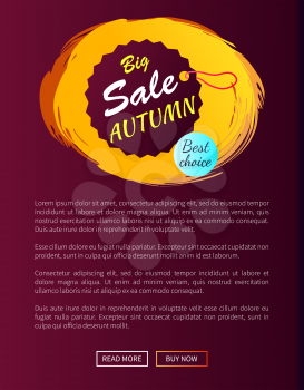 Best choice big sale autumn hanging round promo label on vector illustration web banner with place for text on violet background, fall season concept