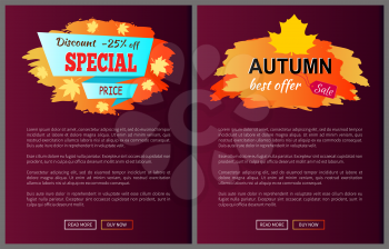 Special offer best price discounts autumn big sale 2017 fall collection web banners with buttons read more and buy now vector set of posters on purple