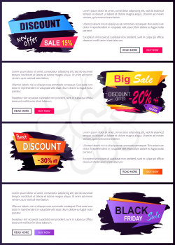 Discount new offer 15 black Friday, web pages collection with headlines placed on ribbons, text and buttons on vector illustration