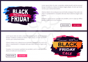Black Friday big sale 2017 promo web posters with advertising information about discounts -45 on painted stroke dark color inscription landing page