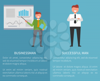Successful businessman set of banners with text. Isolated vector illustration of man standing at whiteboard pointing at charts, hands crossed on chest