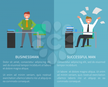 Businessman successful man at work. Vector illustration of happy men standing and desk with pile of books and throwing up his papers on blue with text